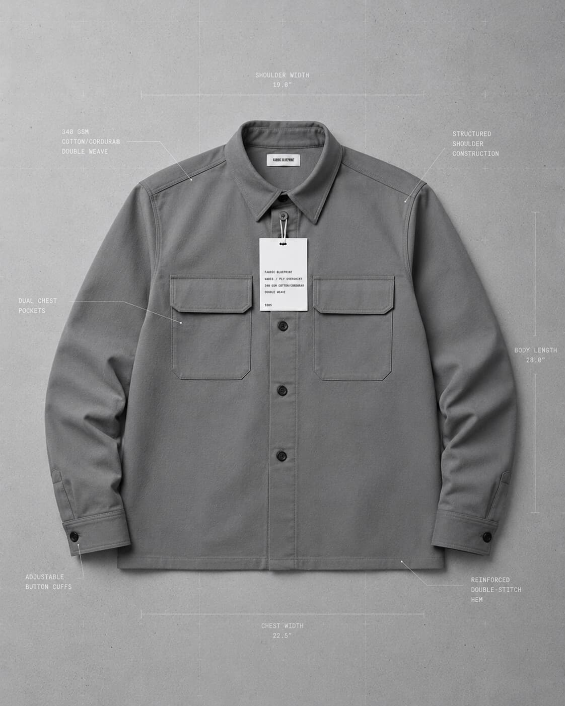 Ply Overshirt in steel — flat-lay specification photograph with measured callouts