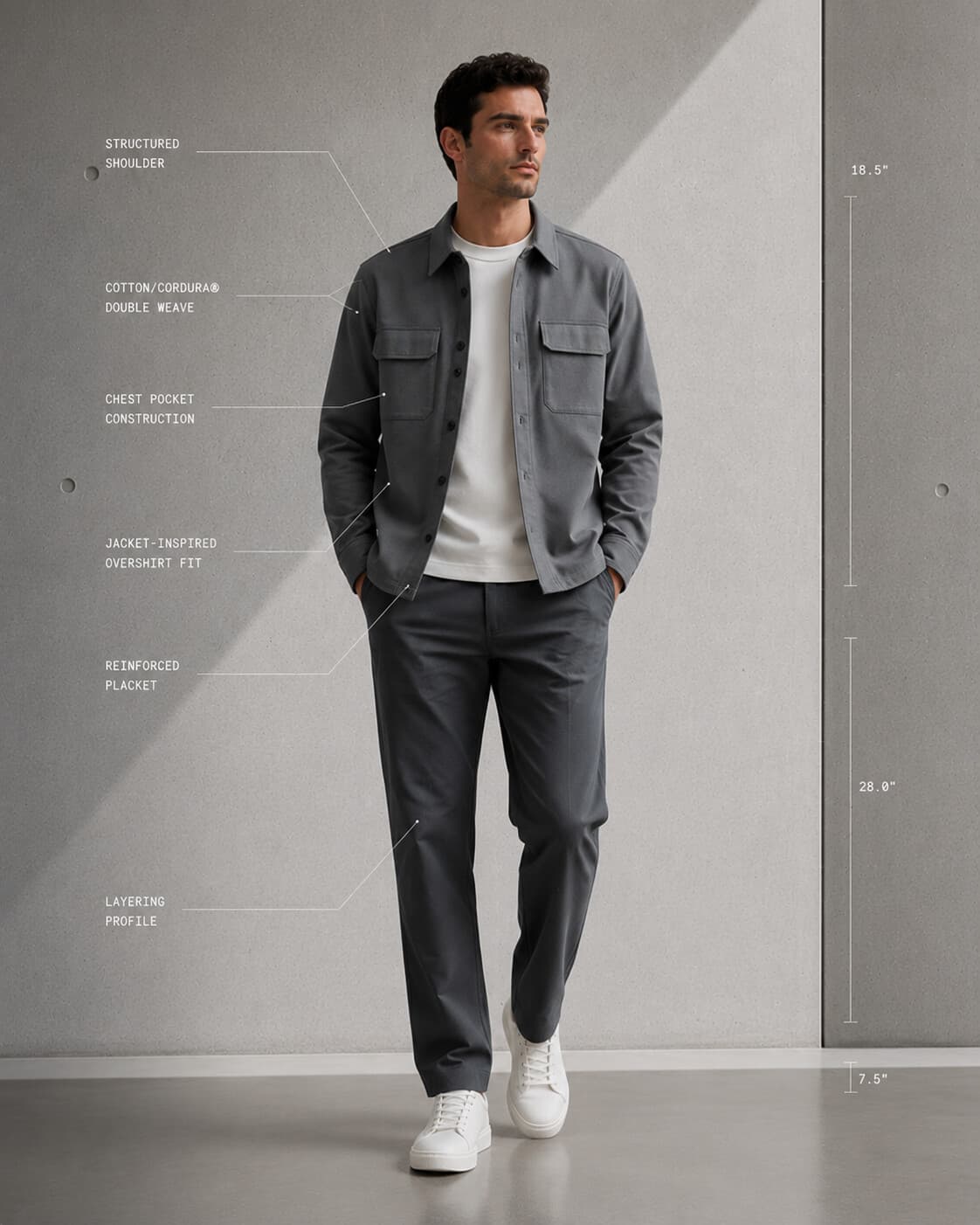 Ply Overshirt in steel, worn open over the Registration Tee — jacket-inspired fit