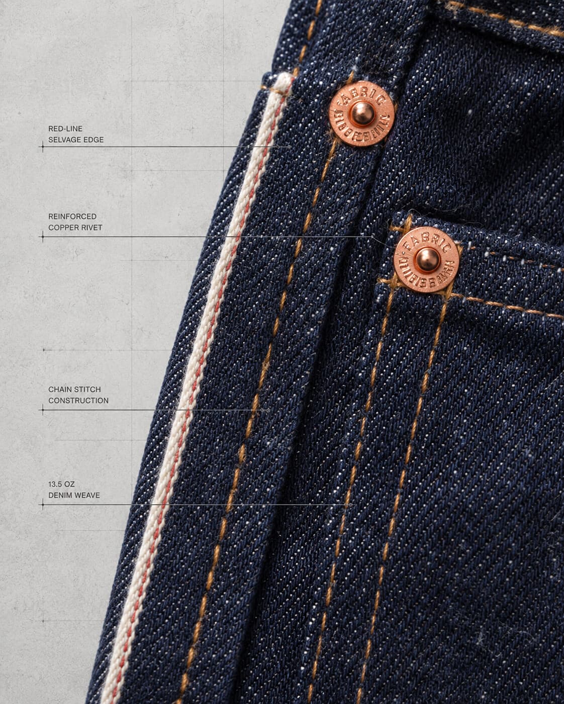 Selvage edge and reinforced copper rivets at the back pocket of the Selvage Five-Pocket, in detail