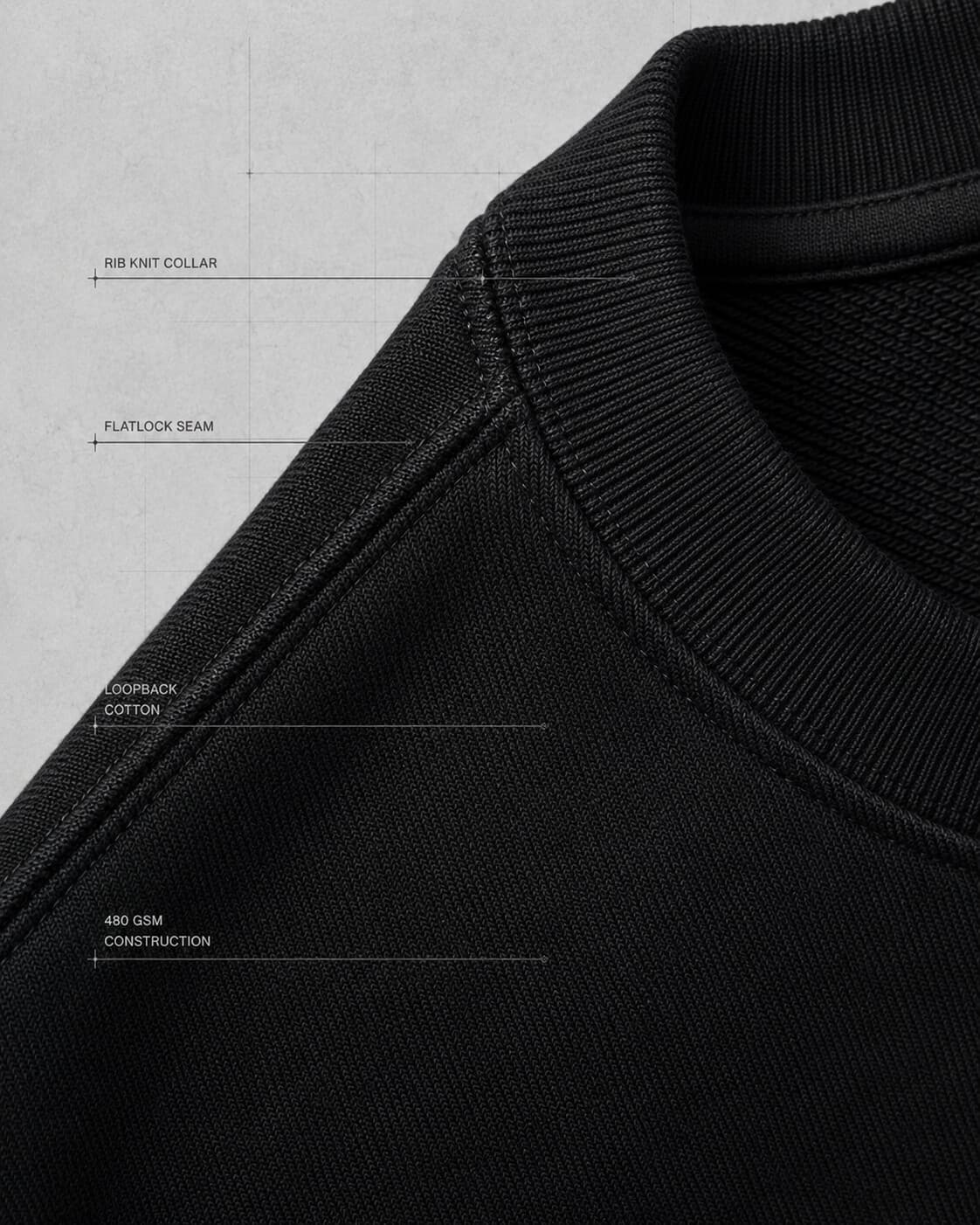 Rib-knit collar and flatlock shoulder seam of the Tolerance Crewneck, in detail
